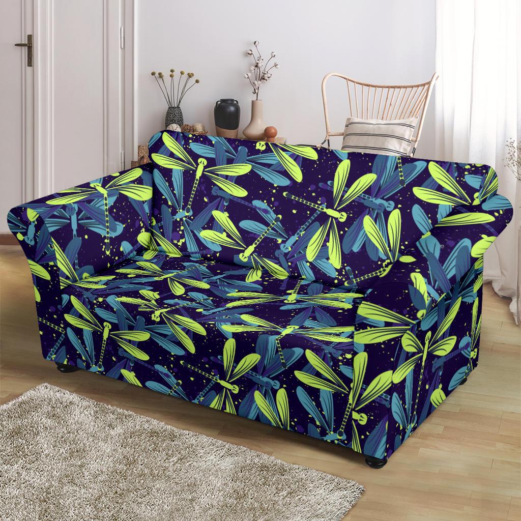 Dragonfly Lime Blue Print Pattern Loveseat Slipcover-JTAMIGO.COM