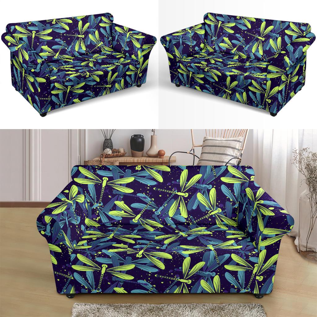 Dragonfly Lime Blue Print Pattern Loveseat Slipcover-JTAMIGO.COM
