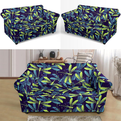 Dragonfly Lime Blue Print Pattern Loveseat Slipcover-JTAMIGO.COM
