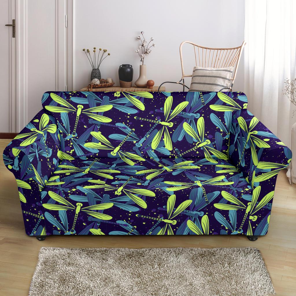 Dragonfly Lime Blue Print Pattern Loveseat Slipcover-JTAMIGO.COM
