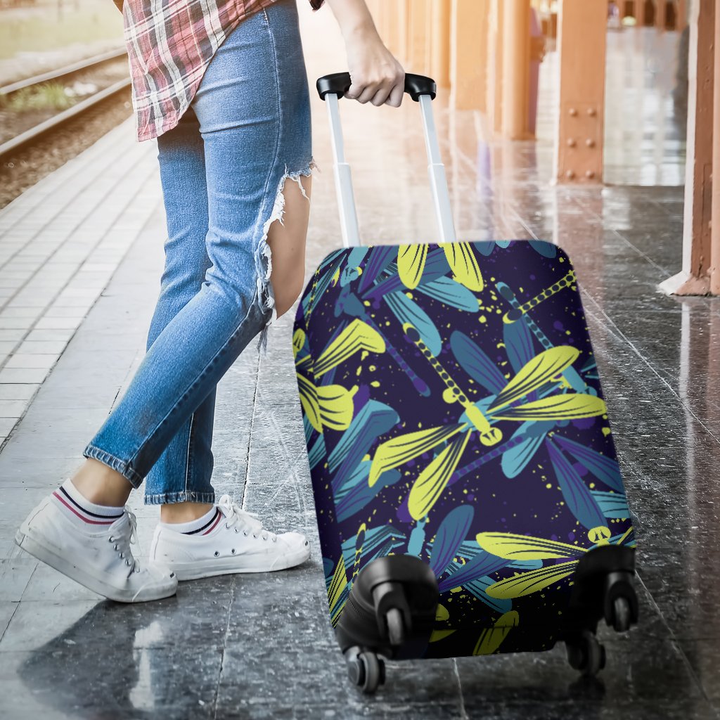 Dragonfly Lime Blue Print Pattern Luggage Cover Protector