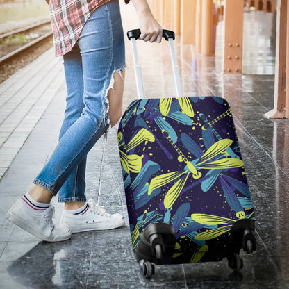 Dragonfly Lime Blue Print Pattern Luggage Cover Protector