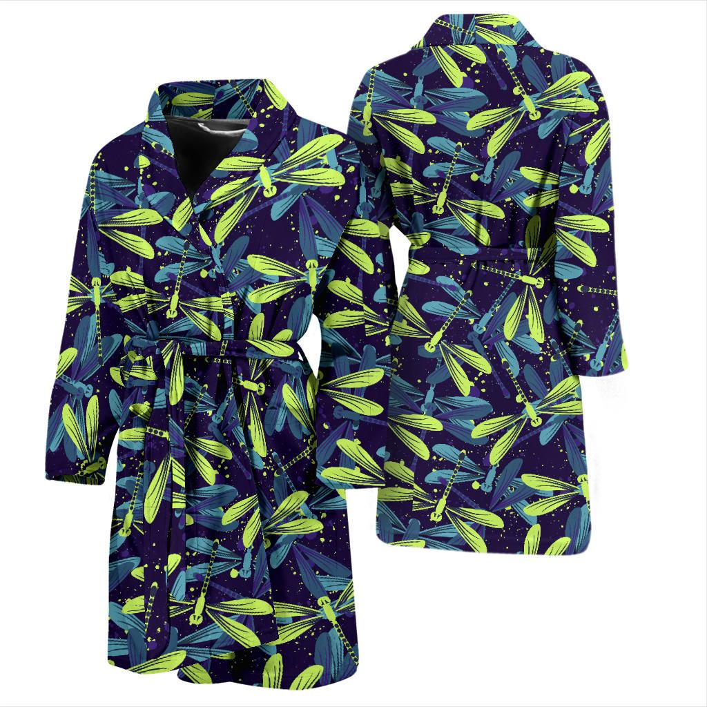 Dragonfly Lime Blue Print Pattern Men Bath Robe-JTAMIGO.COM
