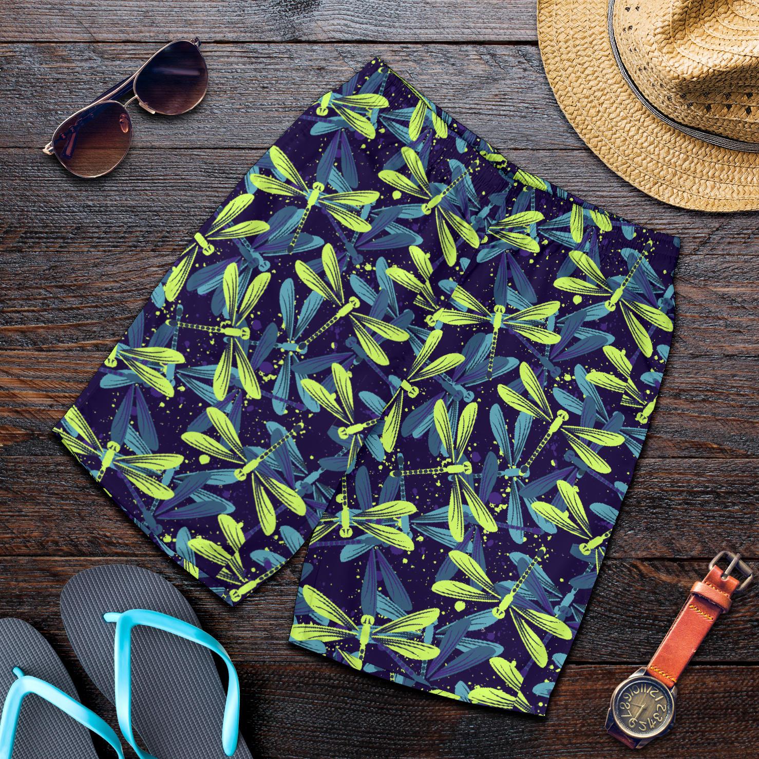 Dragonfly Lime Blue Print Pattern Mens Shorts-JTAMIGO.COM