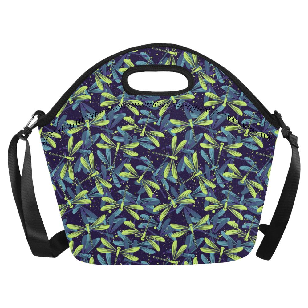 Dragonfly Lime Blue Print Pattern Neoprene Lunch Bag (Model 1669)(Large)-JTAMIGO.COM