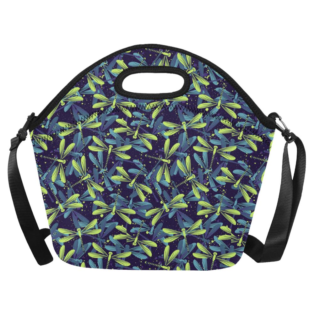 Dragonfly Lime Blue Print Pattern Neoprene Lunch Bag (Model 1669)(Large)-JTAMIGO.COM