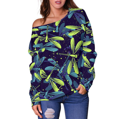 Dragonfly Lime Blue Print Pattern Off Shoulder Sweatshirt