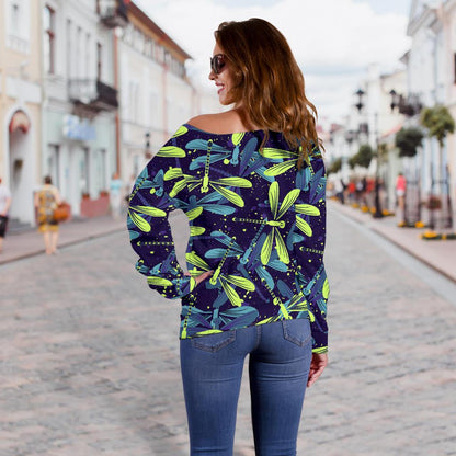Dragonfly Lime Blue Print Pattern Off Shoulder Sweatshirt