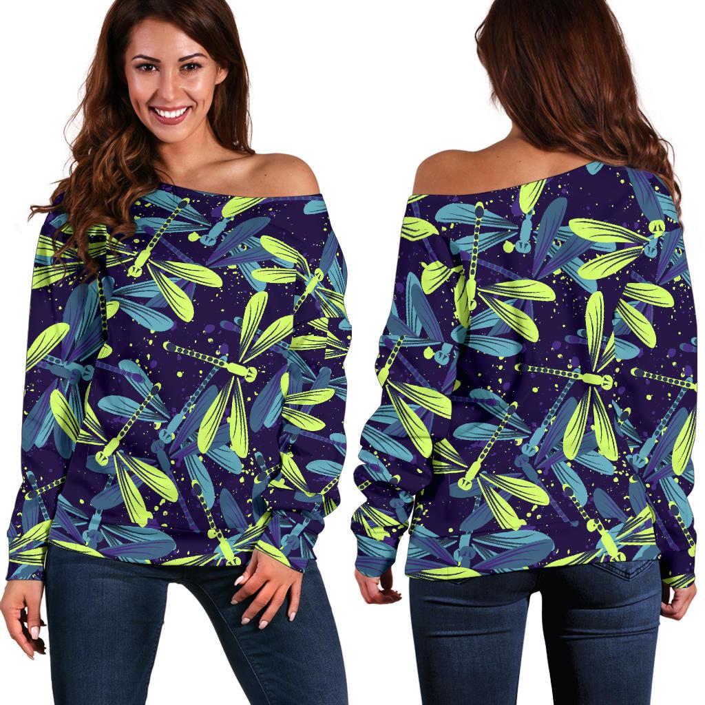 Dragonfly Lime Blue Print Pattern Off Shoulder Sweatshirt