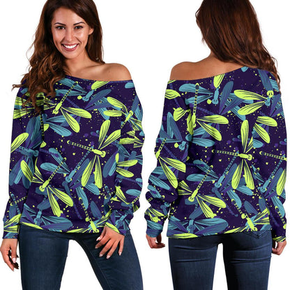 Dragonfly Lime Blue Print Pattern Off Shoulder Sweatshirt