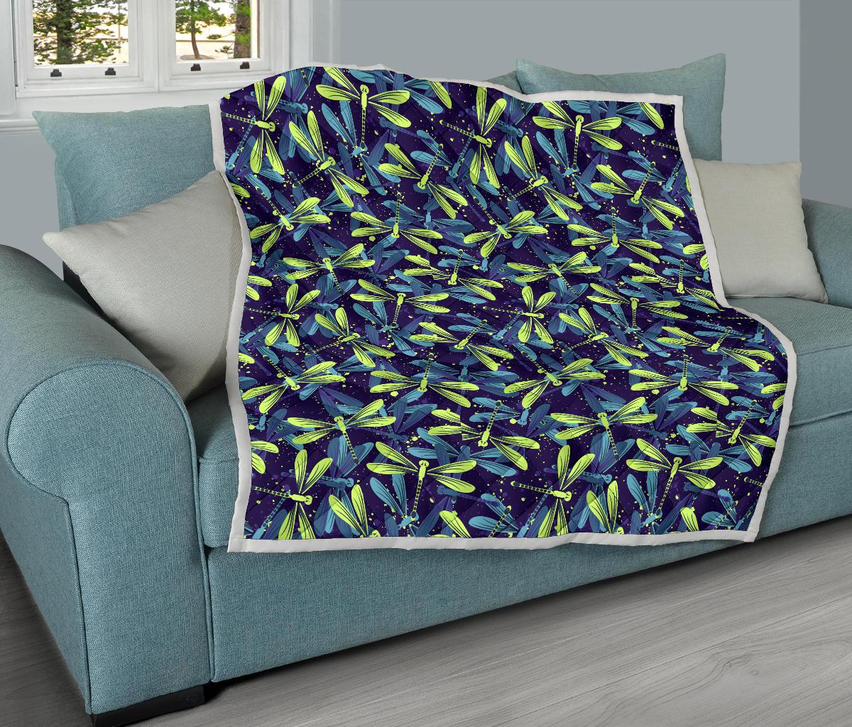 Dragonfly Lime Blue Print Pattern Premium Quilt-JTAMIGO.COM