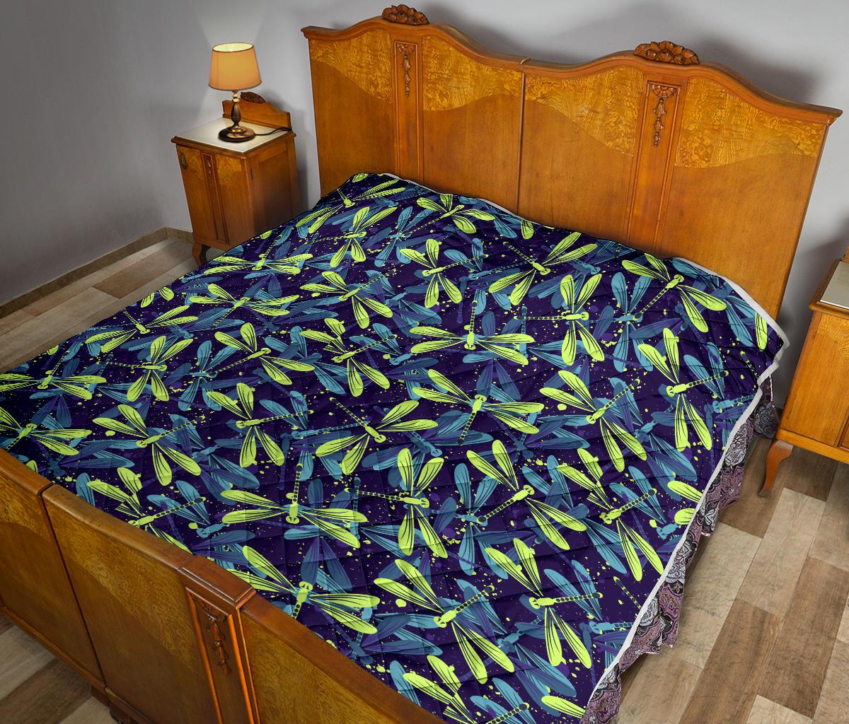 Dragonfly Lime Blue Print Pattern Premium Quilt-JTAMIGO.COM