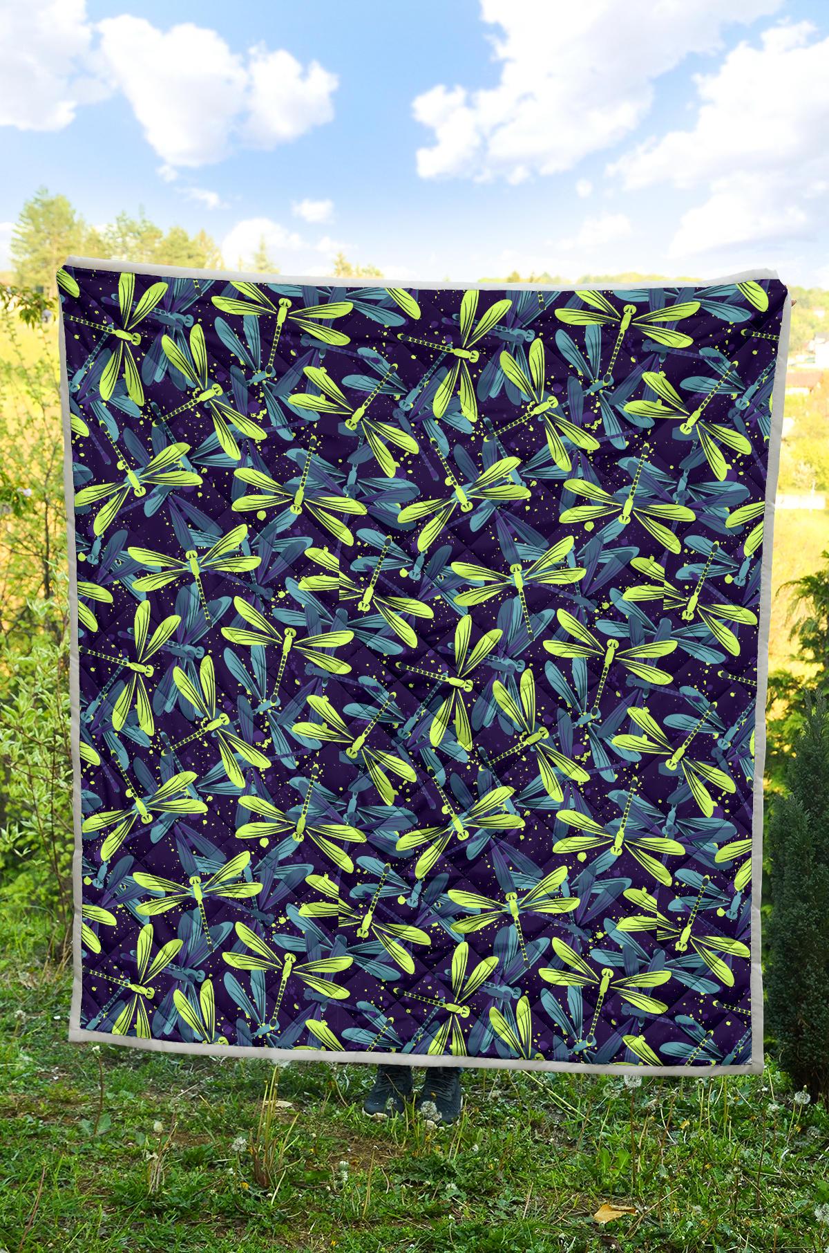 Dragonfly Lime Blue Print Pattern Premium Quilt-JTAMIGO.COM