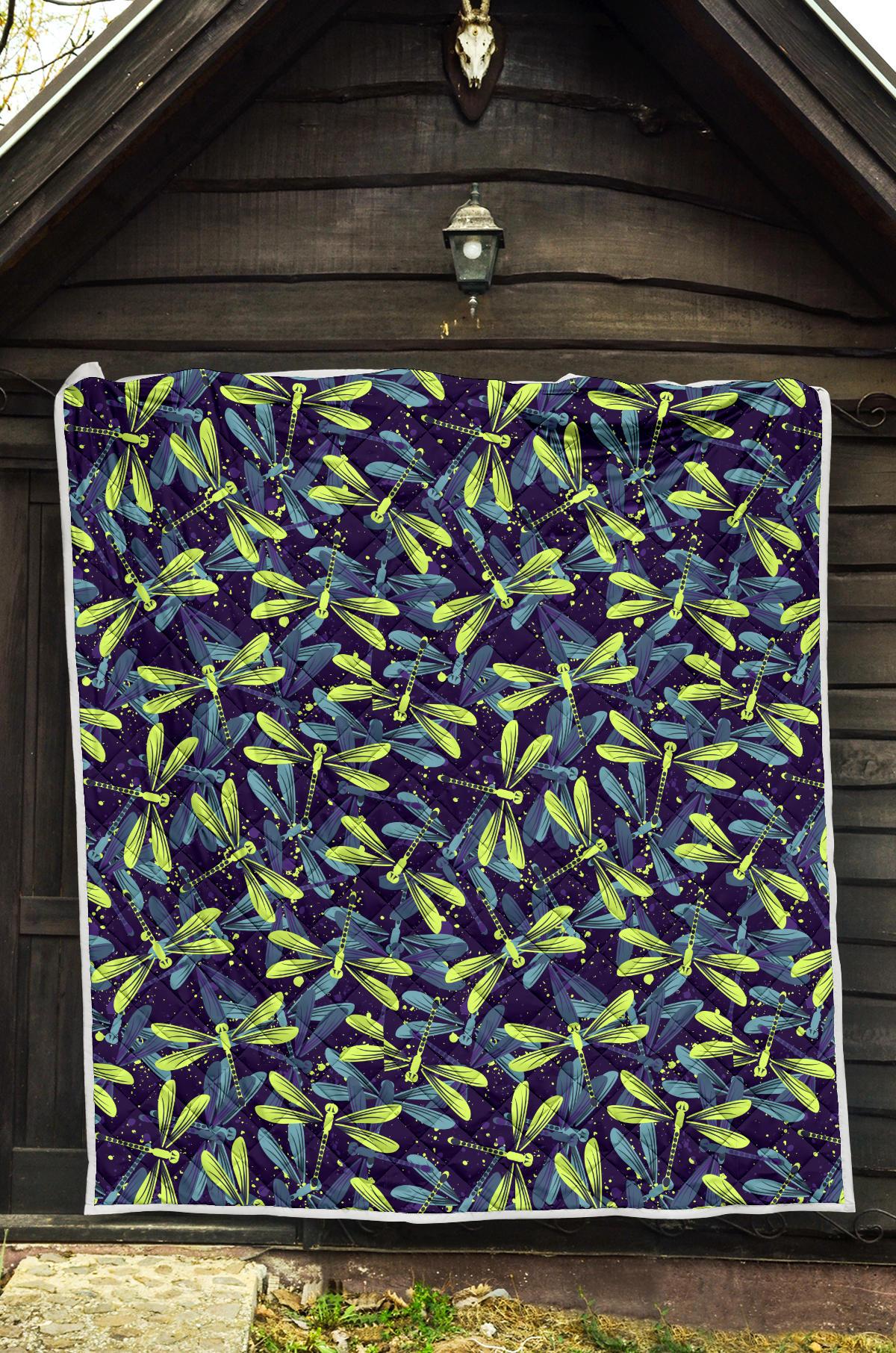 Dragonfly Lime Blue Print Pattern Premium Quilt-JTAMIGO.COM