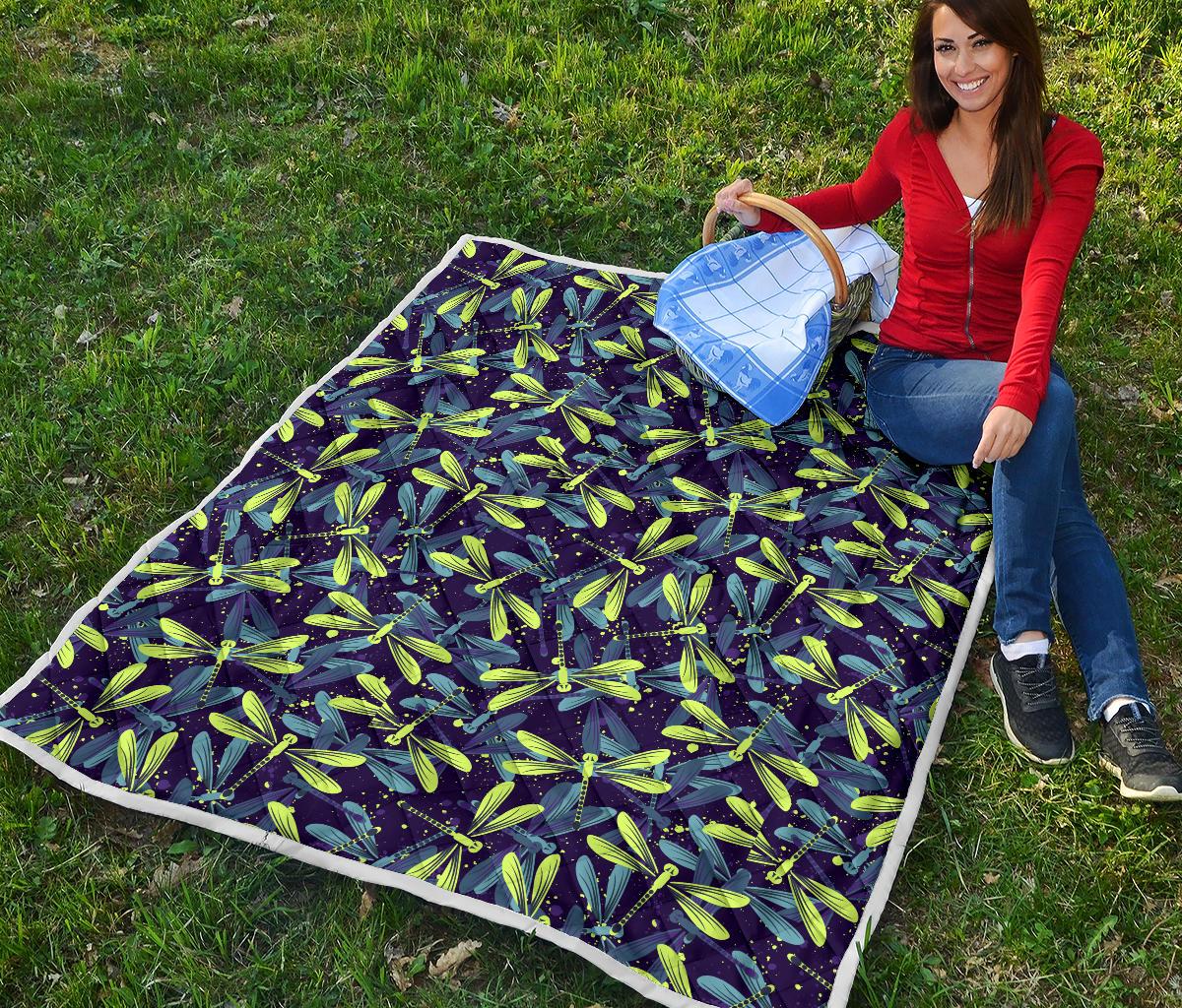 Dragonfly Lime Blue Print Pattern Premium Quilt-JTAMIGO.COM