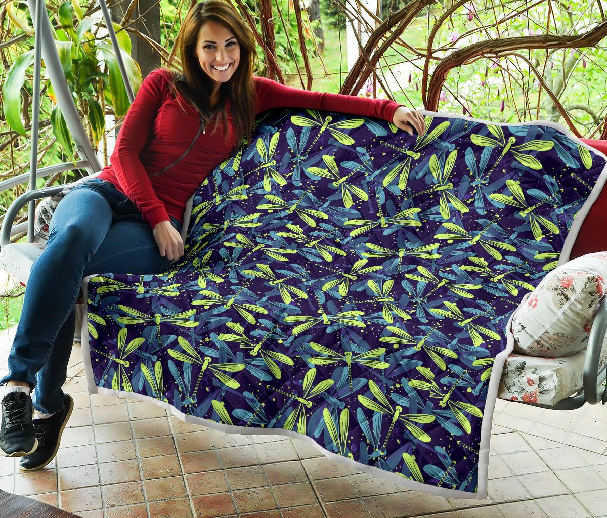 Dragonfly Lime Blue Print Pattern Premium Quilt-JTAMIGO.COM