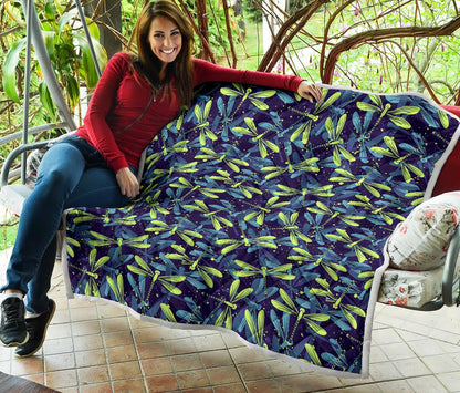 Dragonfly Lime Blue Print Pattern Premium Quilt-JTAMIGO.COM