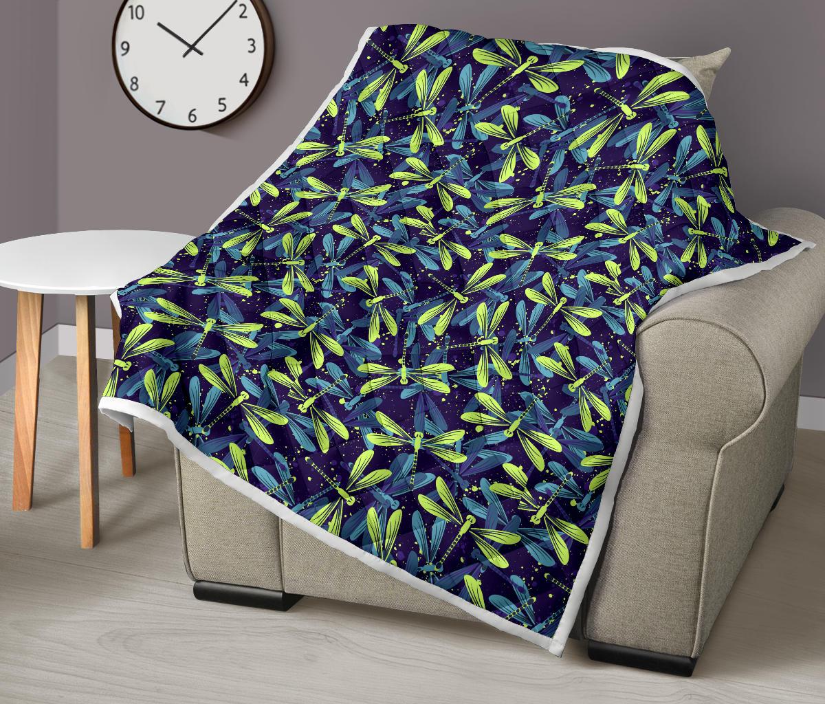Dragonfly Lime Blue Print Pattern Premium Quilt-JTAMIGO.COM