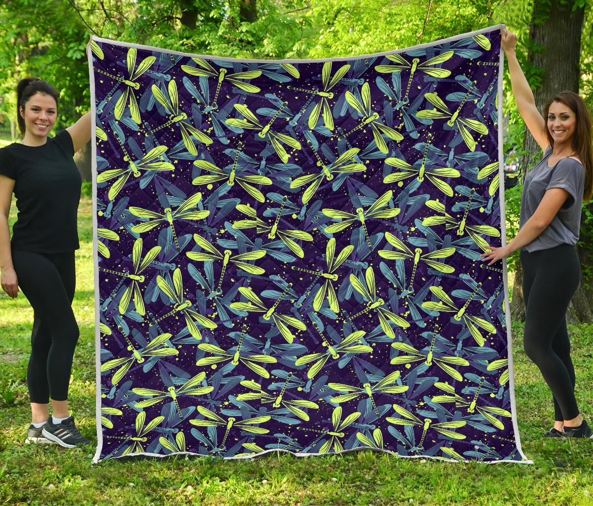 Dragonfly Lime Blue Print Pattern Premium Quilt-JTAMIGO.COM