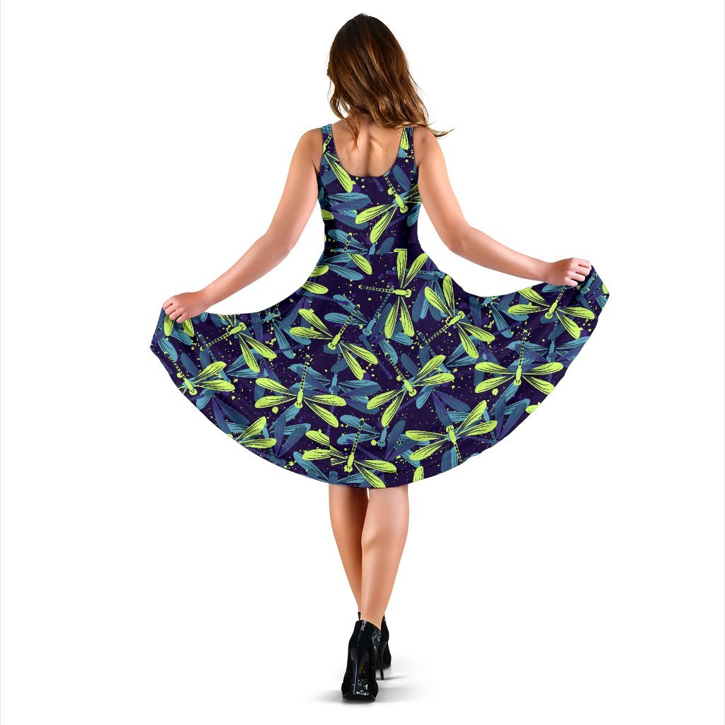 Dragonfly Lime Blue Print Pattern Sleeveless Dress