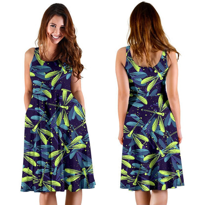 Dragonfly Lime Blue Print Pattern Sleeveless Dress