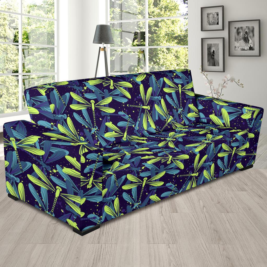 Dragonfly Lime Blue Print Pattern Sofa Slipcover-JTAMIGO.COM