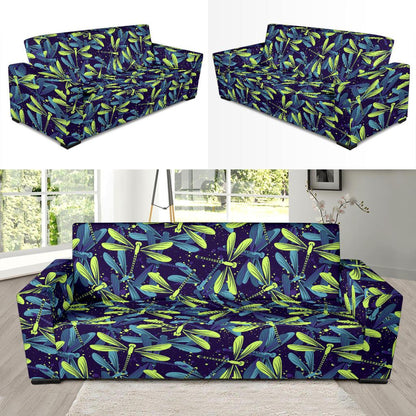 Dragonfly Lime Blue Print Pattern Sofa Slipcover-JTAMIGO.COM