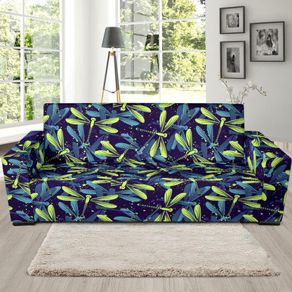 Dragonfly Lime Blue Print Pattern Sofa Slipcover-JTAMIGO.COM