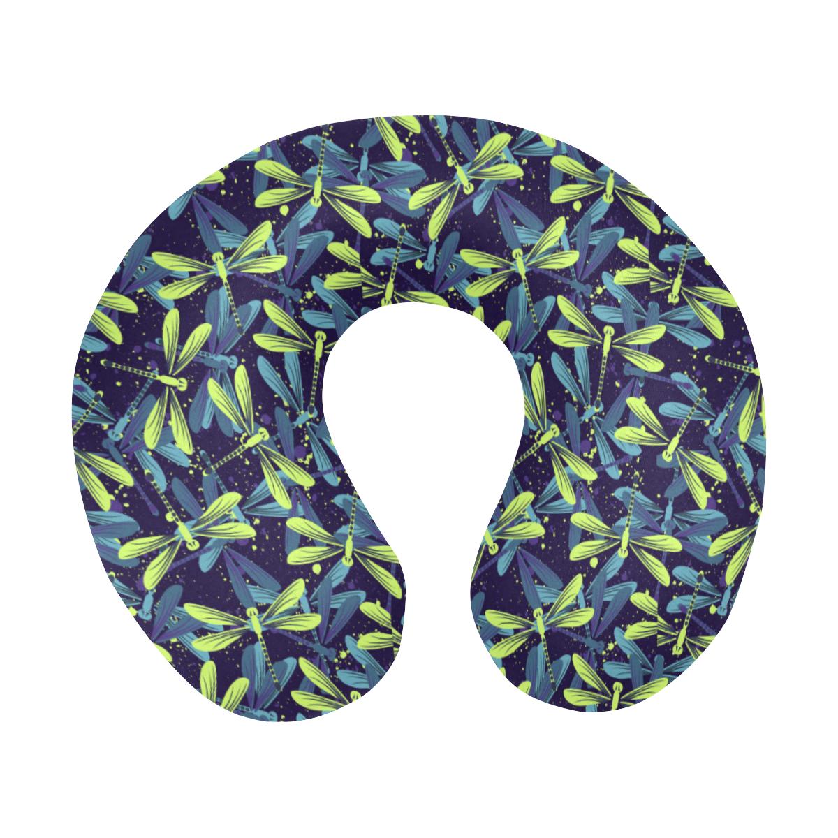 Dragonfly Lime Blue Print Pattern U-Shaped Travel Neck Pillow-JTAMIGO.COM