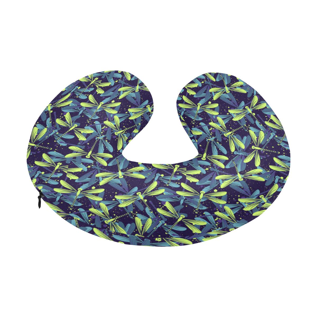 Dragonfly Lime Blue Print Pattern U-Shaped Travel Neck Pillow-JTAMIGO.COM