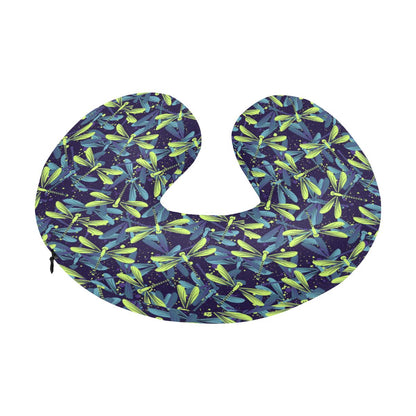 Dragonfly Lime Blue Print Pattern U-Shaped Travel Neck Pillow-JTAMIGO.COM
