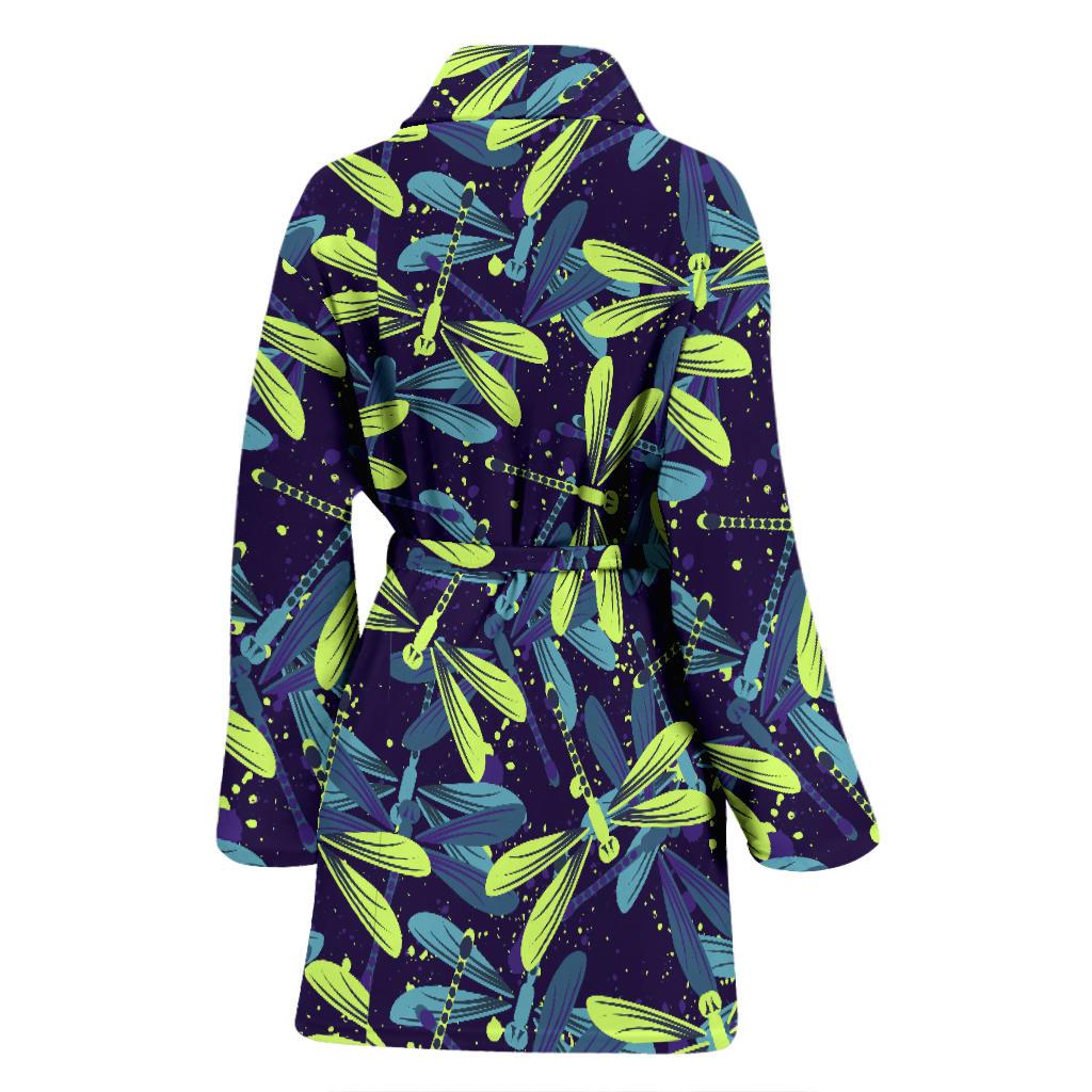 Dragonfly Lime Blue Print Pattern Women Bath Robe-JTAMIGO.COM