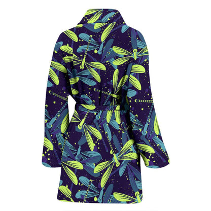 Dragonfly Lime Blue Print Pattern Women Bath Robe-JTAMIGO.COM