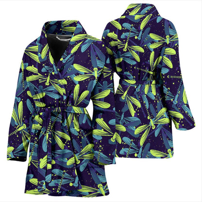 Dragonfly Lime Blue Print Pattern Women Bath Robe-JTAMIGO.COM