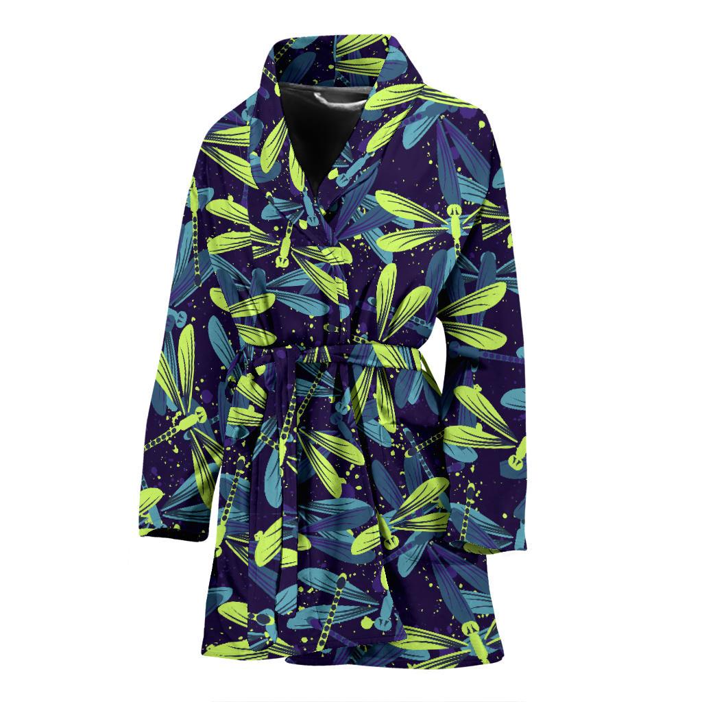 Dragonfly Lime Blue Print Pattern Women Bath Robe-JTAMIGO.COM
