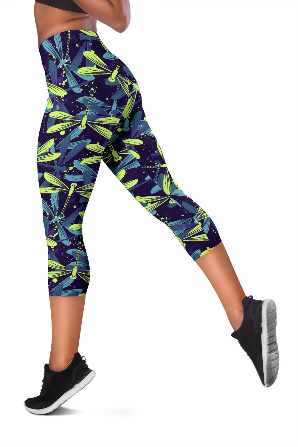 Dragonfly Lime Blue Print Pattern Women Capris