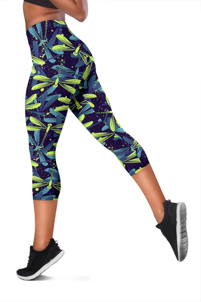Dragonfly Lime Blue Print Pattern Women Capris