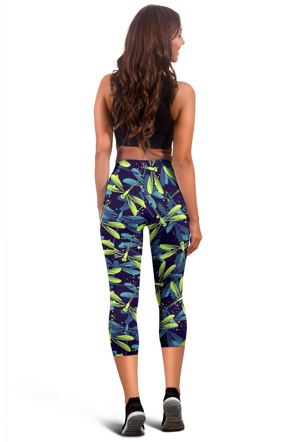 Dragonfly Lime Blue Print Pattern Women Capris