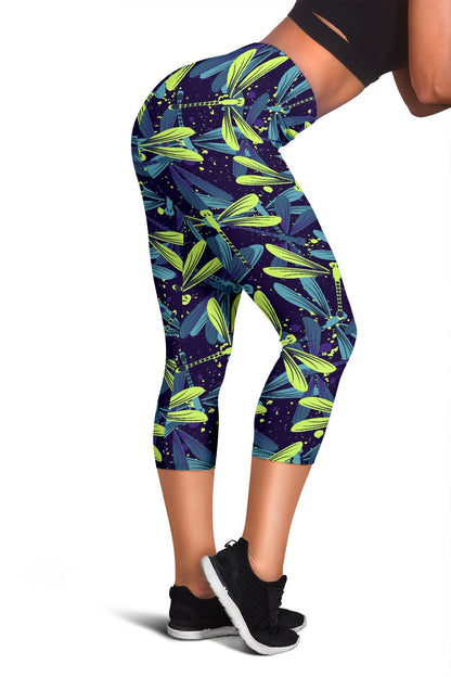 Dragonfly Lime Blue Print Pattern Women Capris