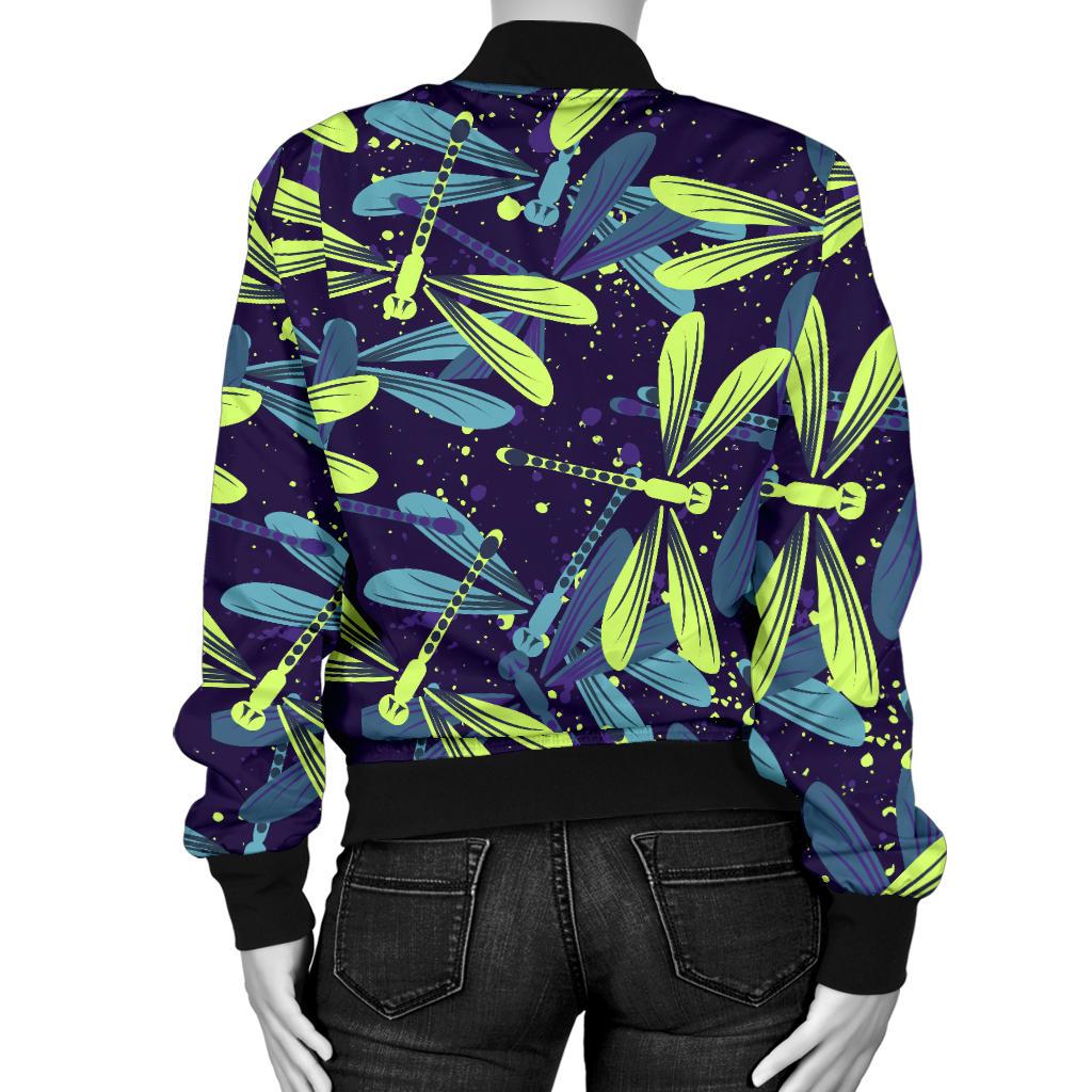 Dragonfly Lime Blue Print Pattern Women Casual Bomber Jacket
