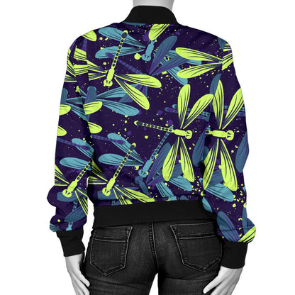 Dragonfly Lime Blue Print Pattern Women Casual Bomber Jacket