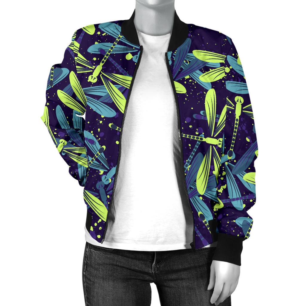 Dragonfly Lime Blue Print Pattern Women Casual Bomber Jacket