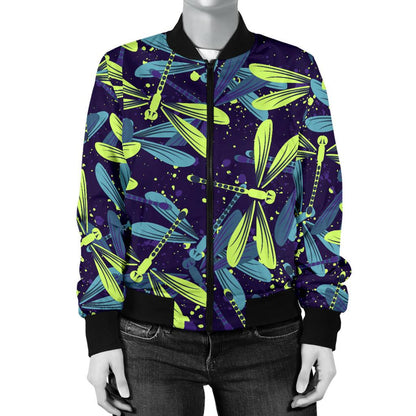 Dragonfly Lime Blue Print Pattern Women Casual Bomber Jacket