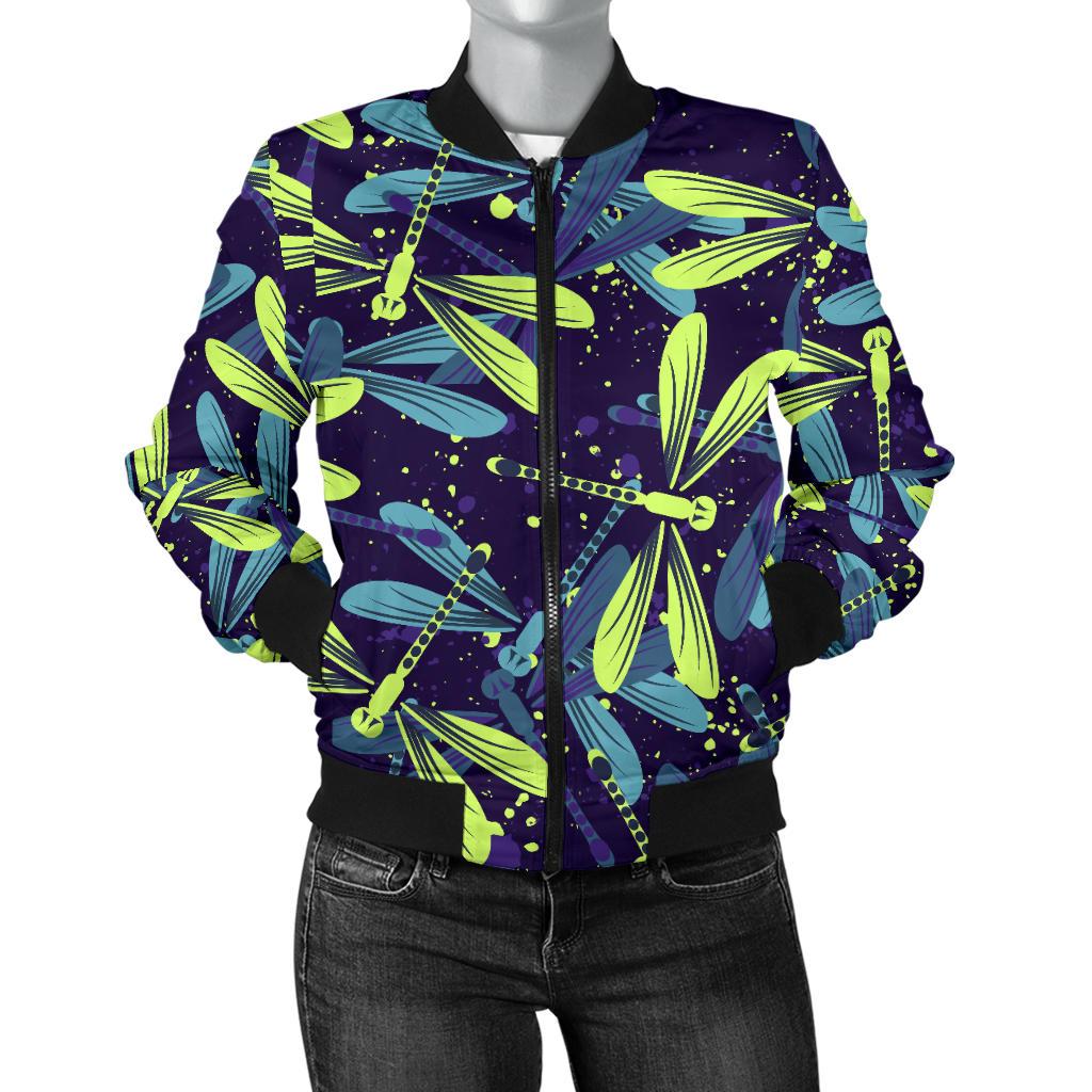 Dragonfly Lime Blue Print Pattern Women Casual Bomber Jacket
