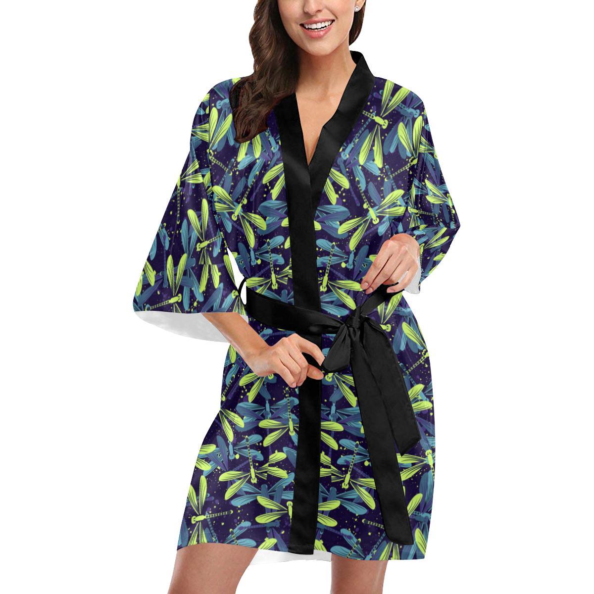 Dragonfly Lime Blue Print Pattern Women Short Kimono Robe