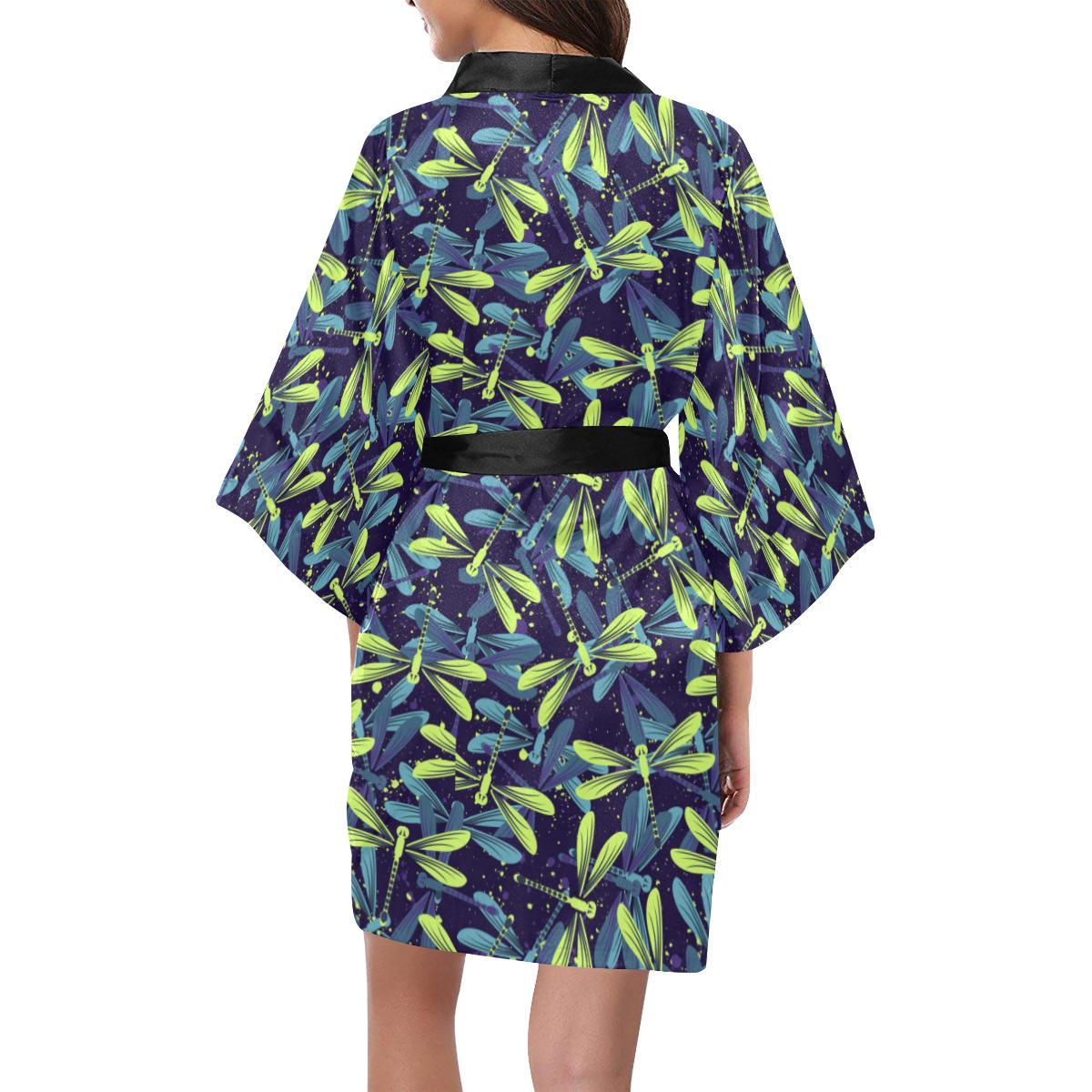 Dragonfly Lime Blue Print Pattern Women Short Kimono Robe