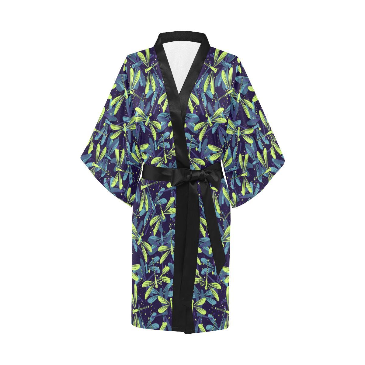 Dragonfly Lime Blue Print Pattern Women Short Kimono Robe