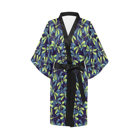 Dragonfly Lime Blue Print Pattern Women Short Kimono Robe