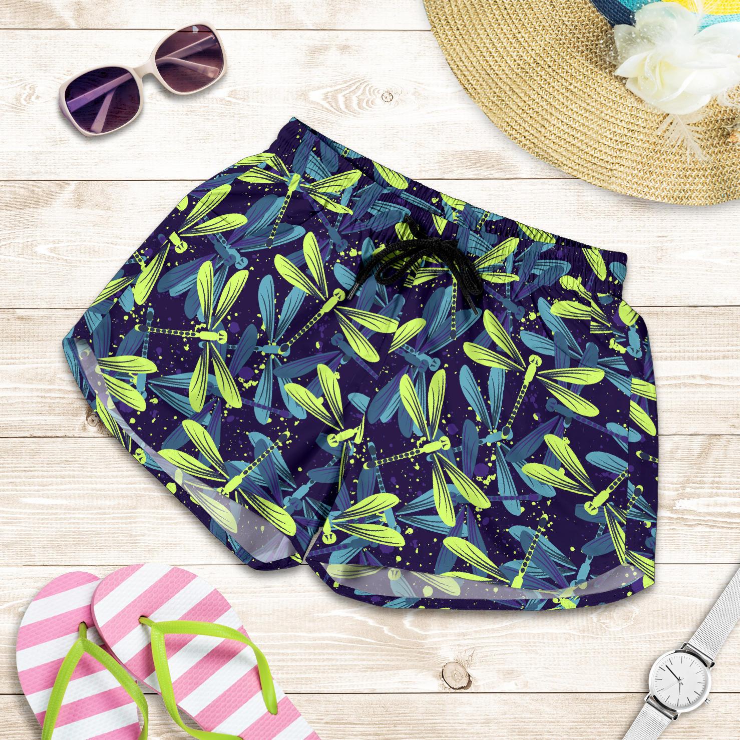 Dragonfly Lime Blue Print Pattern Women Shorts-JTAMIGO.COM