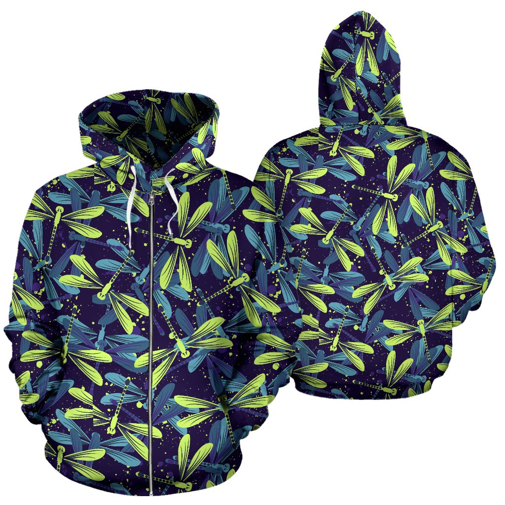 Dragonfly Lime Blue Print Pattern Zip Up Hoodie